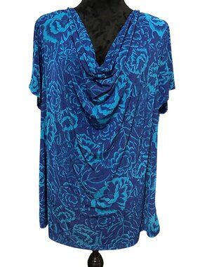 Jaclyn Smith Collection Womens Blouse 1X Blue Floral Cowl Neck Stretch Modern